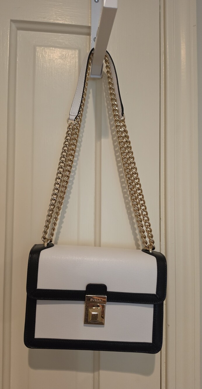 Furla White and Black Crossbody Bag with Gold Chain